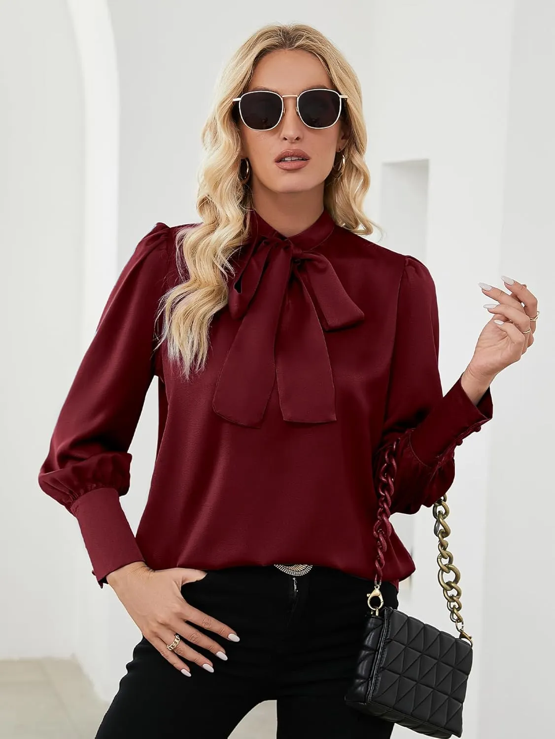 LYANER Women's Elegant Bow Tie Mock Neck Bow Knot Long Sleeve Work Office Satin Blouse Silk Shirt Top