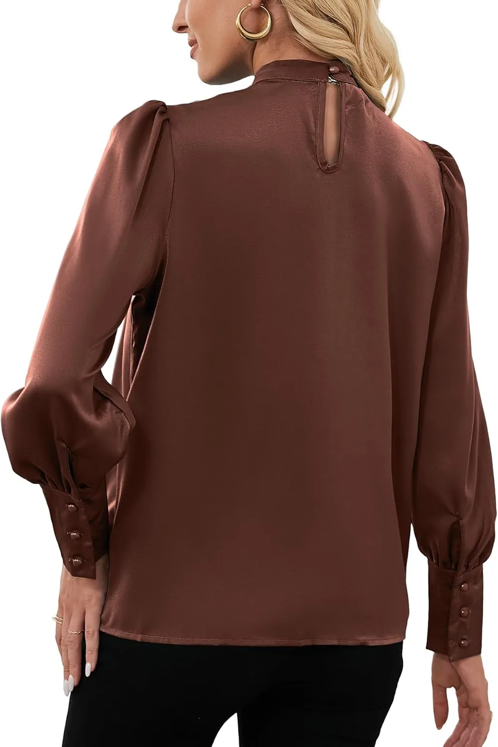 LYANER Women's Elegant Bow Tie Mock Neck Bow Knot Long Sleeve Work Office Satin Blouse Silk Shirt Top