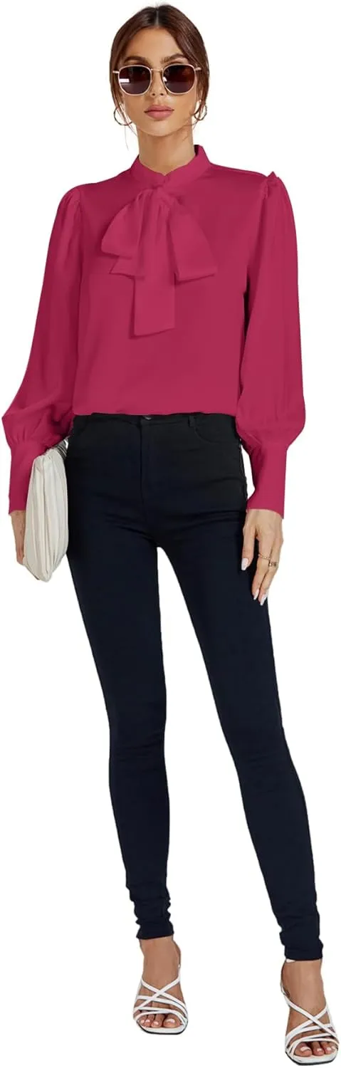 LYANER Women's Elegant Bow Tie Mock Neck Bow Knot Long Sleeve Work Office Satin Blouse Silk Shirt Top