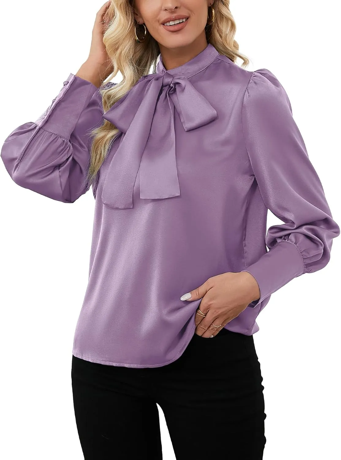LYANER Women's Elegant Bow Tie Mock Neck Bow Knot Long Sleeve Work Office Satin Blouse Silk Shirt Top