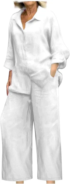 maisdgop Womens 2 Piece Outfits Summer Cotton Linen Set Casual Long Sleeve Button down Shirts and Pants Suits with Pockets