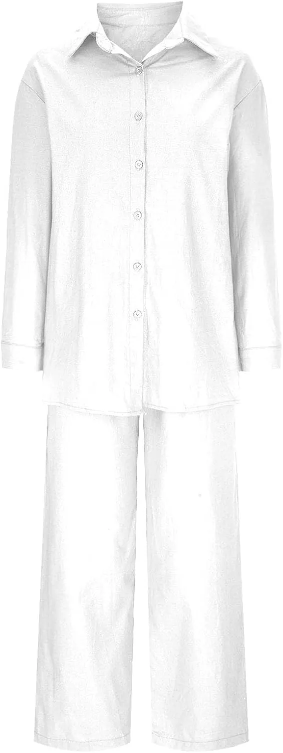 maisdgop Womens 2 Piece Outfits Summer Cotton Linen Set Casual Long Sleeve Button down Shirts and Pants Suits with Pockets