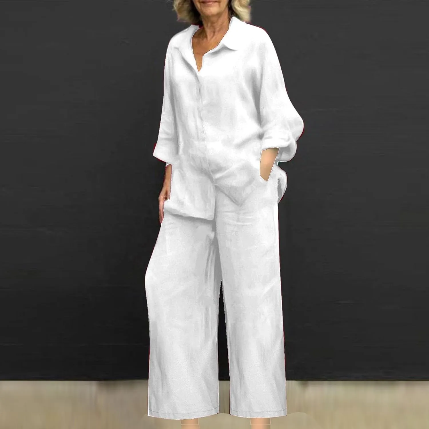 maisdgop Womens 2 Piece Outfits Summer Cotton Linen Set Casual Long Sleeve Button down Shirts and Pants Suits with Pockets