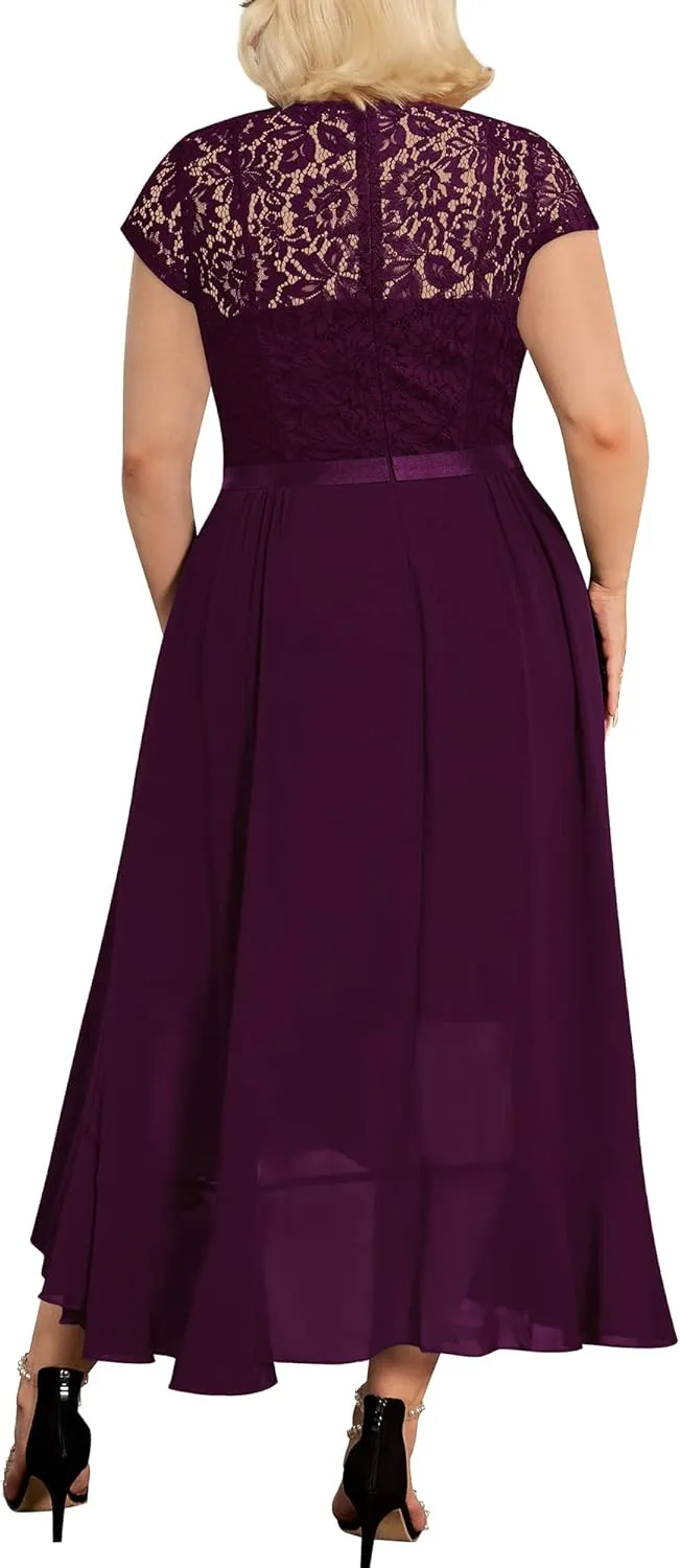 Miusol Women's Plus Size V Neck Elegant Floral Lace Ruffle Bridesmaid Maxi Dress