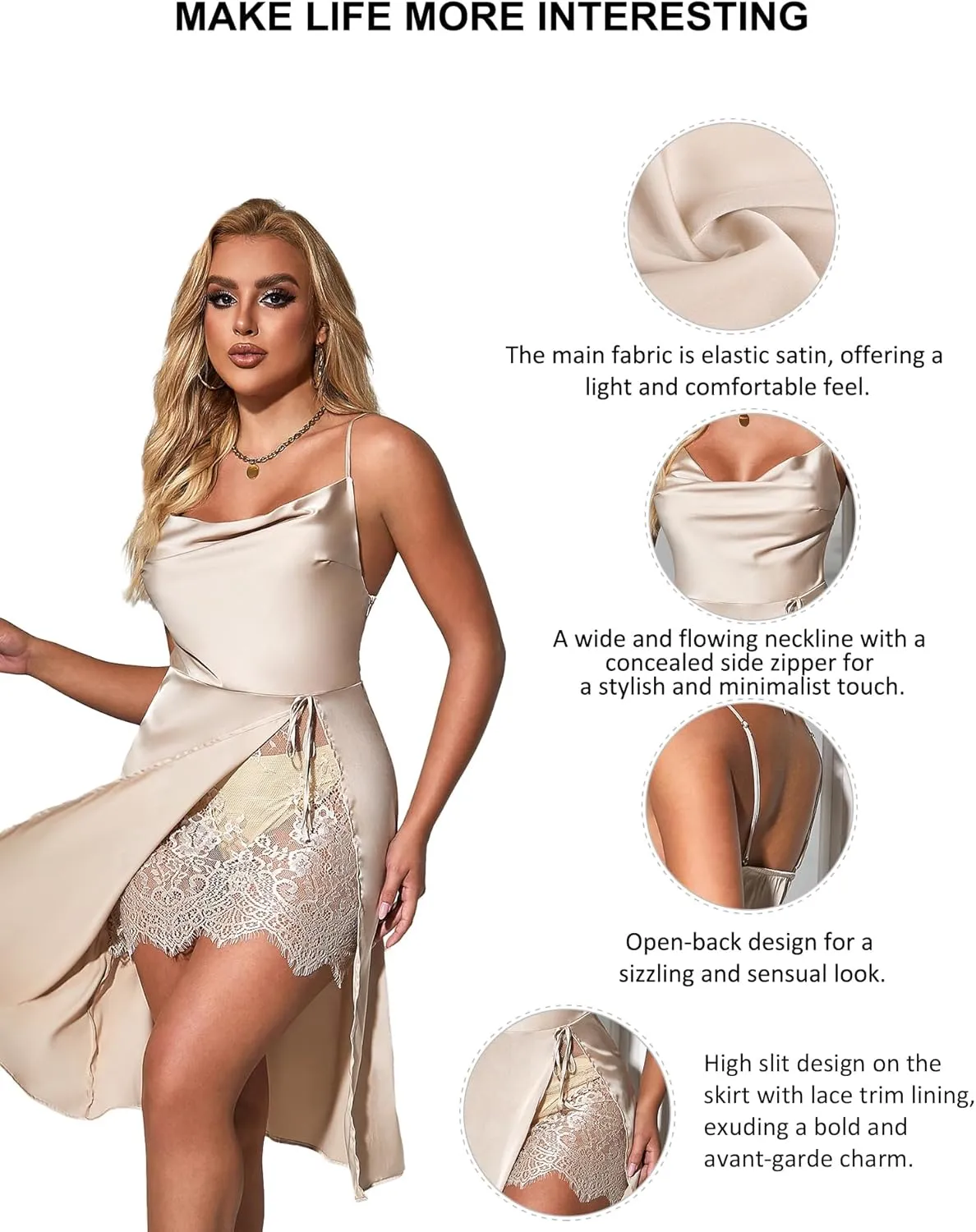 ohyeah Sexy Valentines Lingerie Dress for Women Satin Slip Silk Chemise Nightgown for Woman Sleepwear Nude/Black