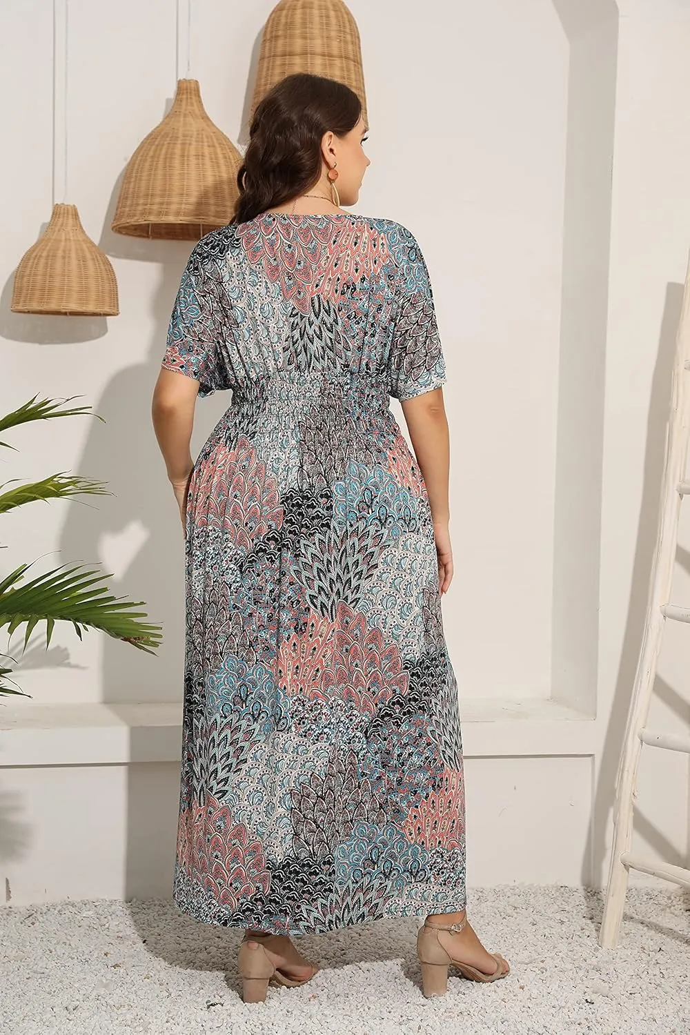 OSTOO Women's Plus Size Hawaii Empire Waist Bat Short Sleeve Casual Floral Print Boho Maxi Dress