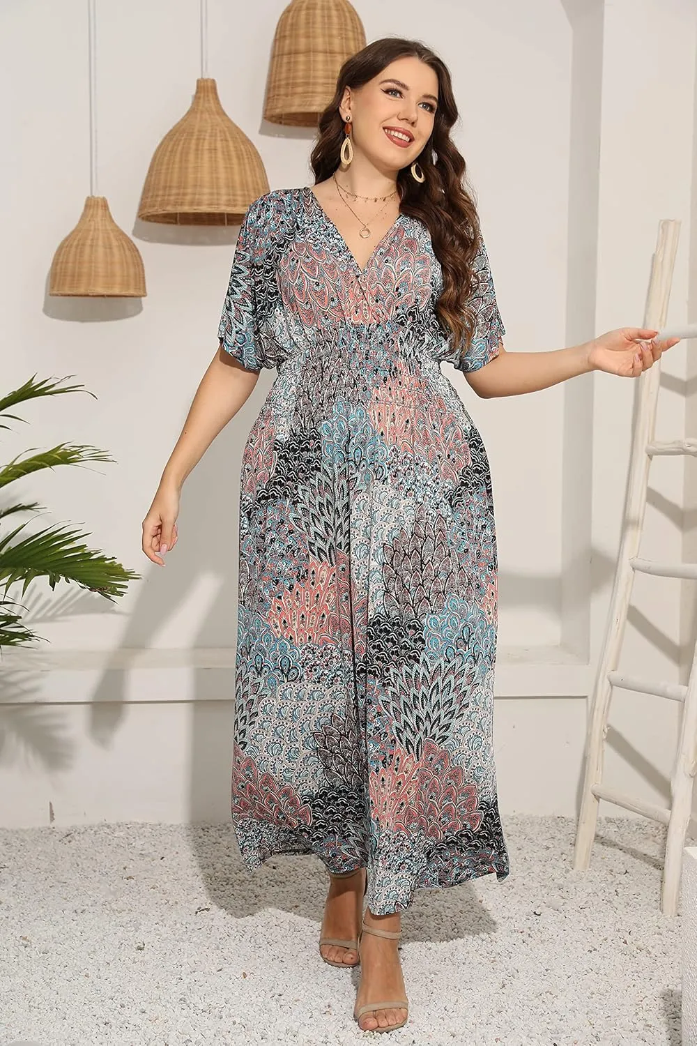 OSTOO Women's Plus Size Hawaii Empire Waist Bat Short Sleeve Casual Floral Print Boho Maxi Dress