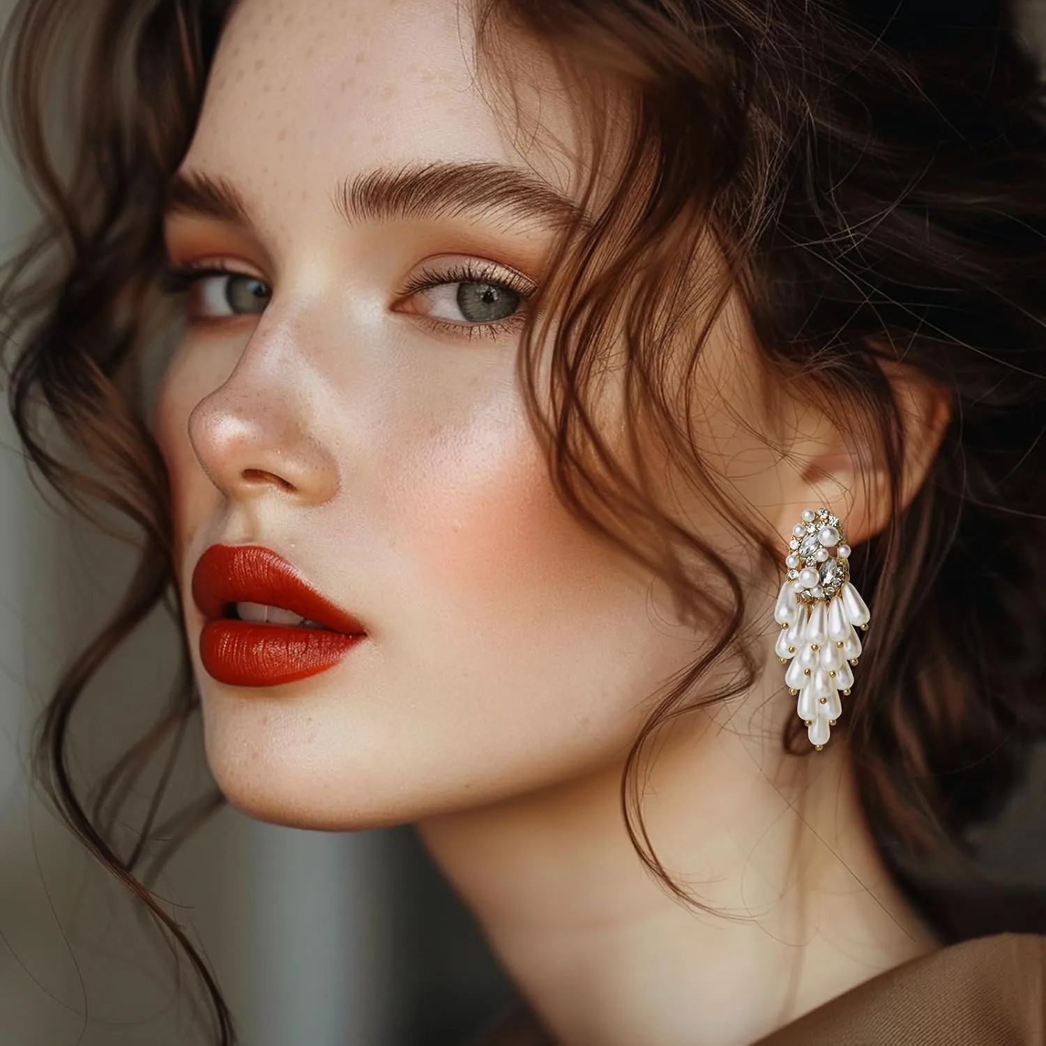 Pearl Earrings for Women,14k Gold Pearl Drop Dangle Earrings,Baroque Pearl Drop Earrings For WomenWedding Bridal Crystal Simulated Pearl Multi Beaded Cluster Chandelier Dangle Earrings