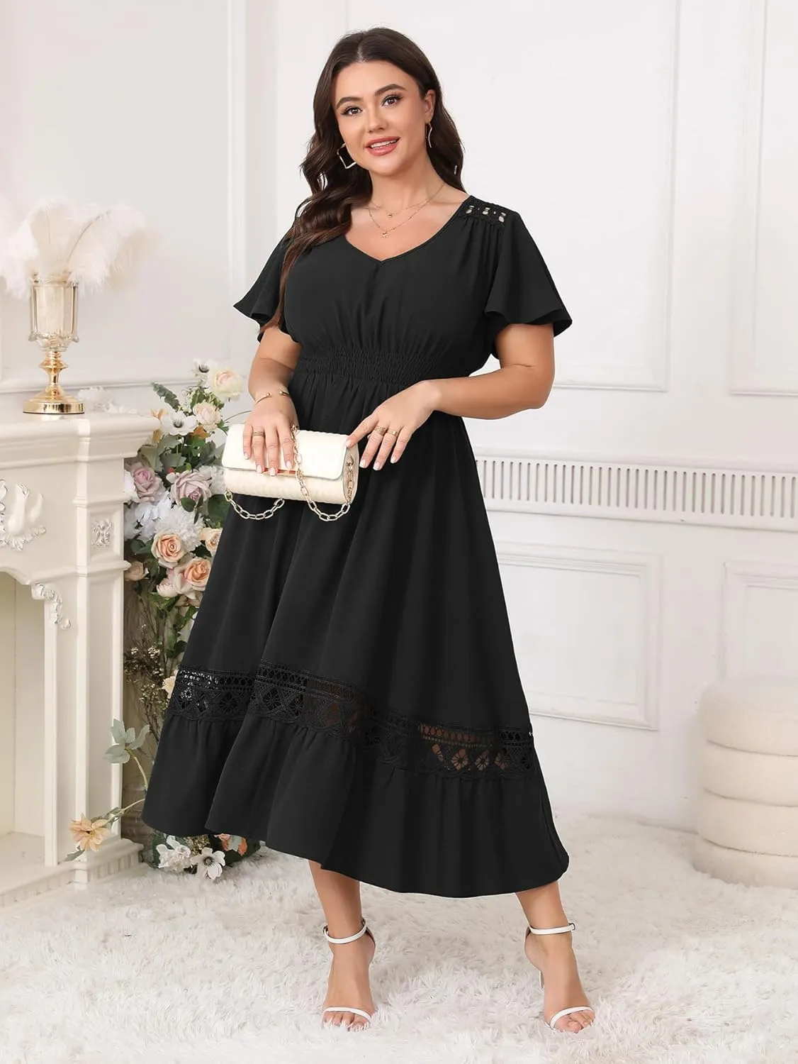 Plus Size Summer Dress V Neck Smocked High Waist Flowy A-Line Lace Trim Boho Wedding Guest Dress