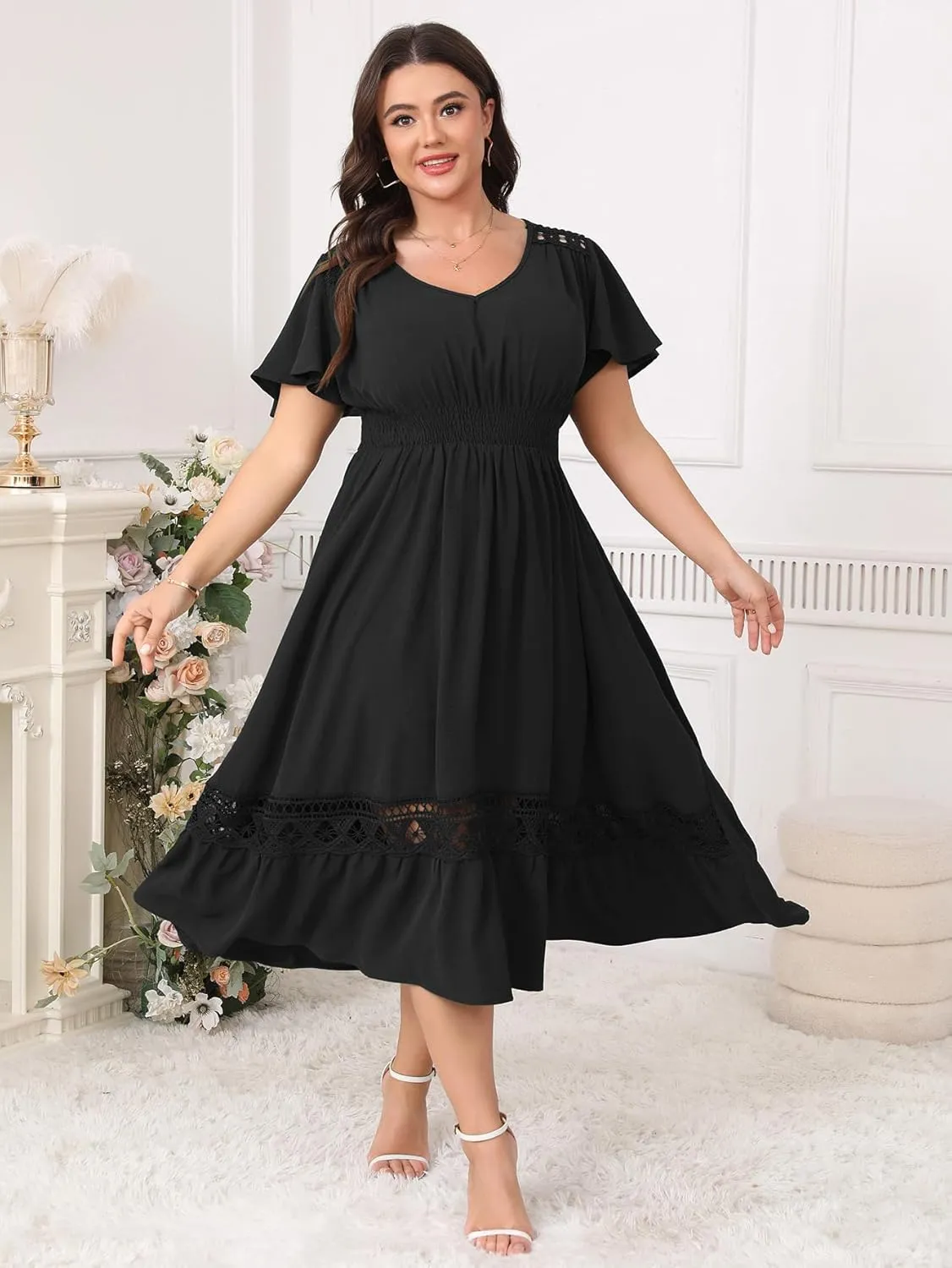 Plus Size Summer Dress V Neck Smocked High Waist Flowy A-Line Lace Trim Boho Wedding Guest Dress