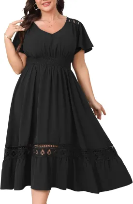 Plus Size Summer Dress V Neck Smocked High Waist Flowy A-Line Lace Trim Boho Wedding Guest Dress