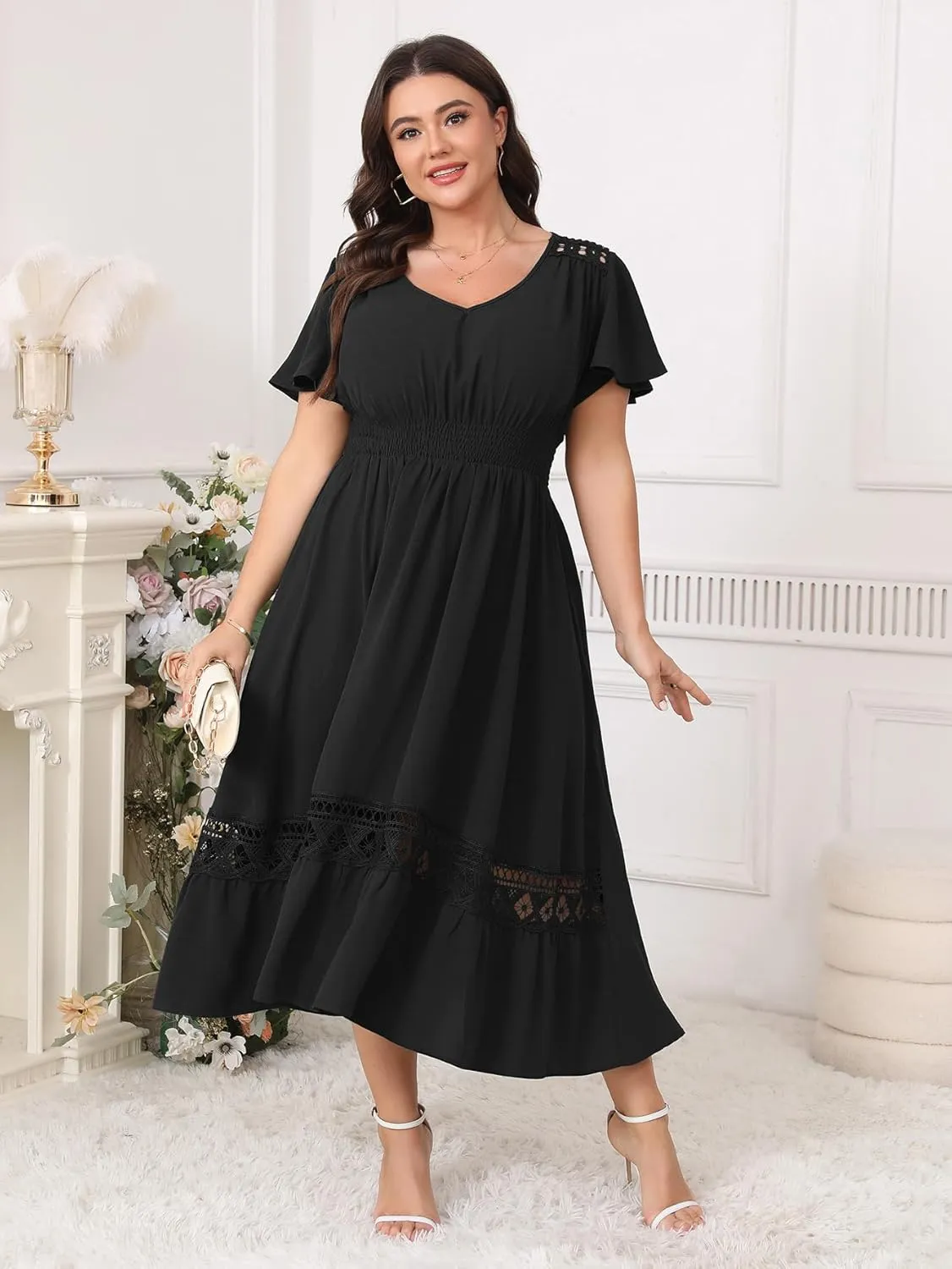 Plus Size Summer Dress V Neck Smocked High Waist Flowy A-Line Lace Trim Boho Wedding Guest Dress