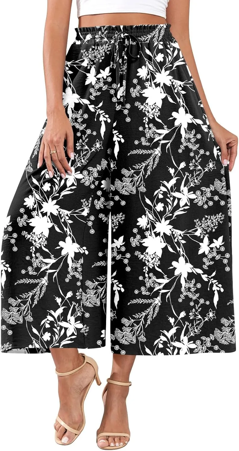 POPYOUNG Womens Capri Pants Wide Leg High Waisted Palazzo Lounge Pants Drawstring Casual Trousers with Pockets