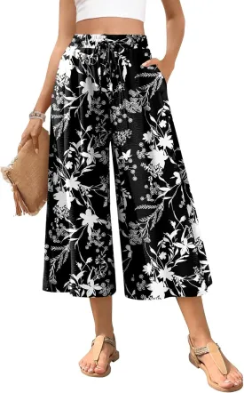 POPYOUNG Womens Capri Pants Wide Leg High Waisted Palazzo Lounge Pants Drawstring Casual Trousers with Pockets