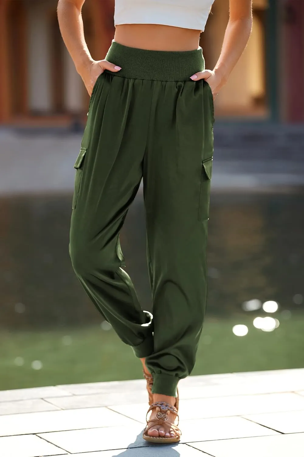PRETTYGARDEN Women's Satin Jogger Pants Casual Dressy High Waist Long Lounge Pant Trousers Summer Outfits with Pockets
