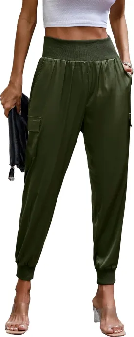 PRETTYGARDEN Women's Satin Jogger Pants Casual Dressy High Waist Long Lounge Pant Trousers Summer Outfits with Pockets