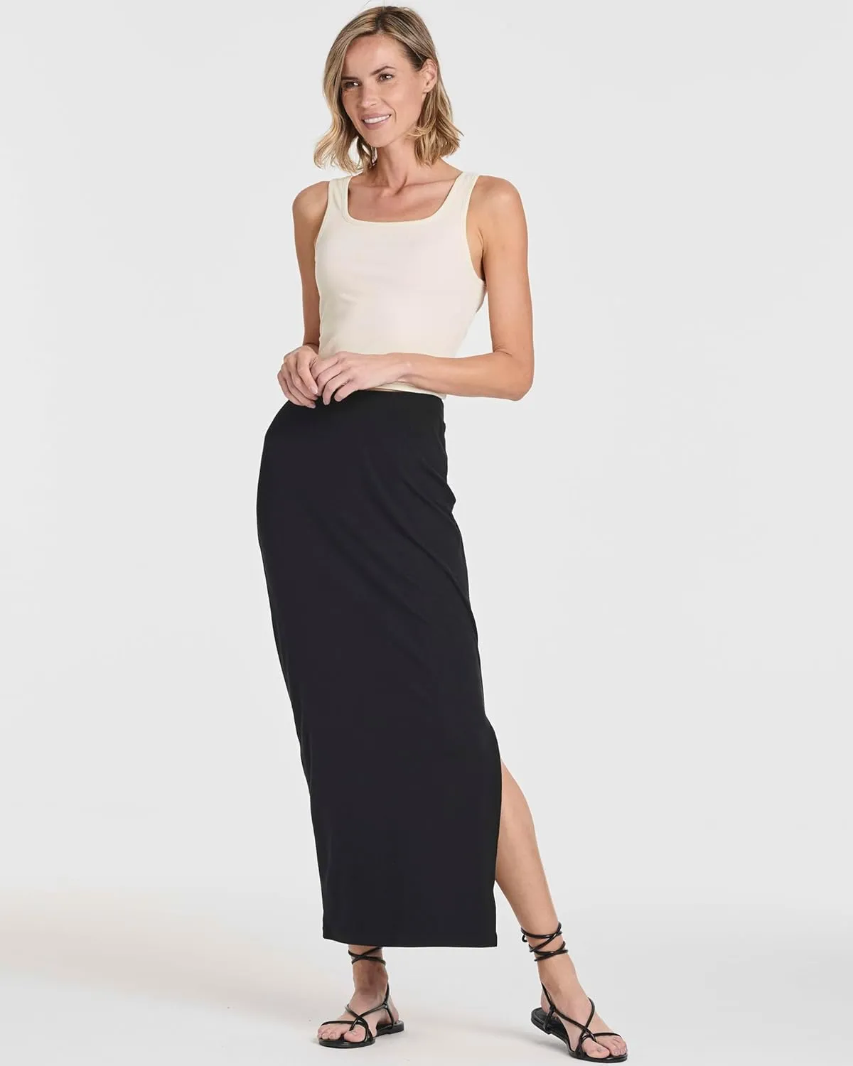 Real Essentials 3 Pack: Women's Ribbed High Waisted Maxi Skirt with Side Slit - Casual Long Pencil Skirt