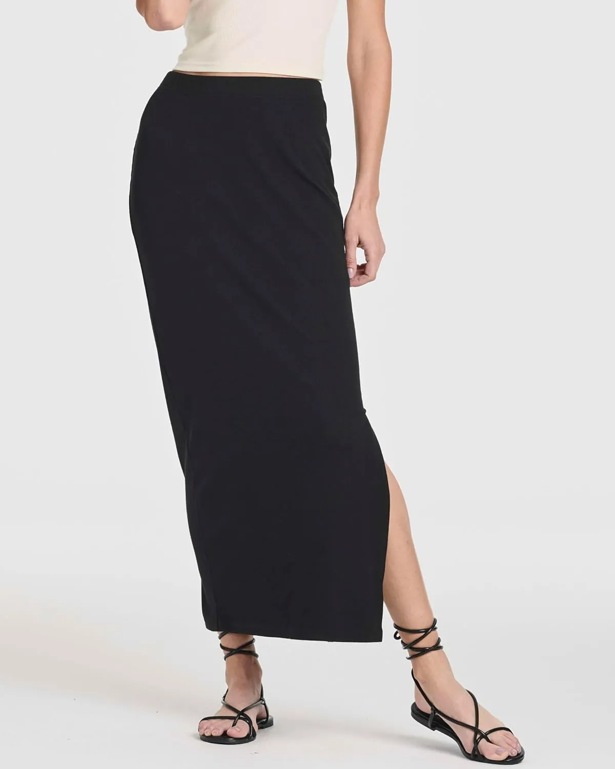 Real Essentials 3 Pack: Women's Ribbed High Waisted Maxi Skirt with Side Slit - Casual Long Pencil Skirt