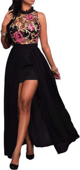 RED DOT BOUTIQUE 858 - Plus Size Sheer Mesh Embroidery Chiffon Hi Low Maxi Dress