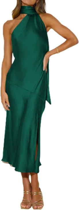 Sexyshine Women's Elegant Halter Tie Neck Sleeveless Satin Long Dress Backless Split Cocktail Party Formal Wedding Maxi Dress