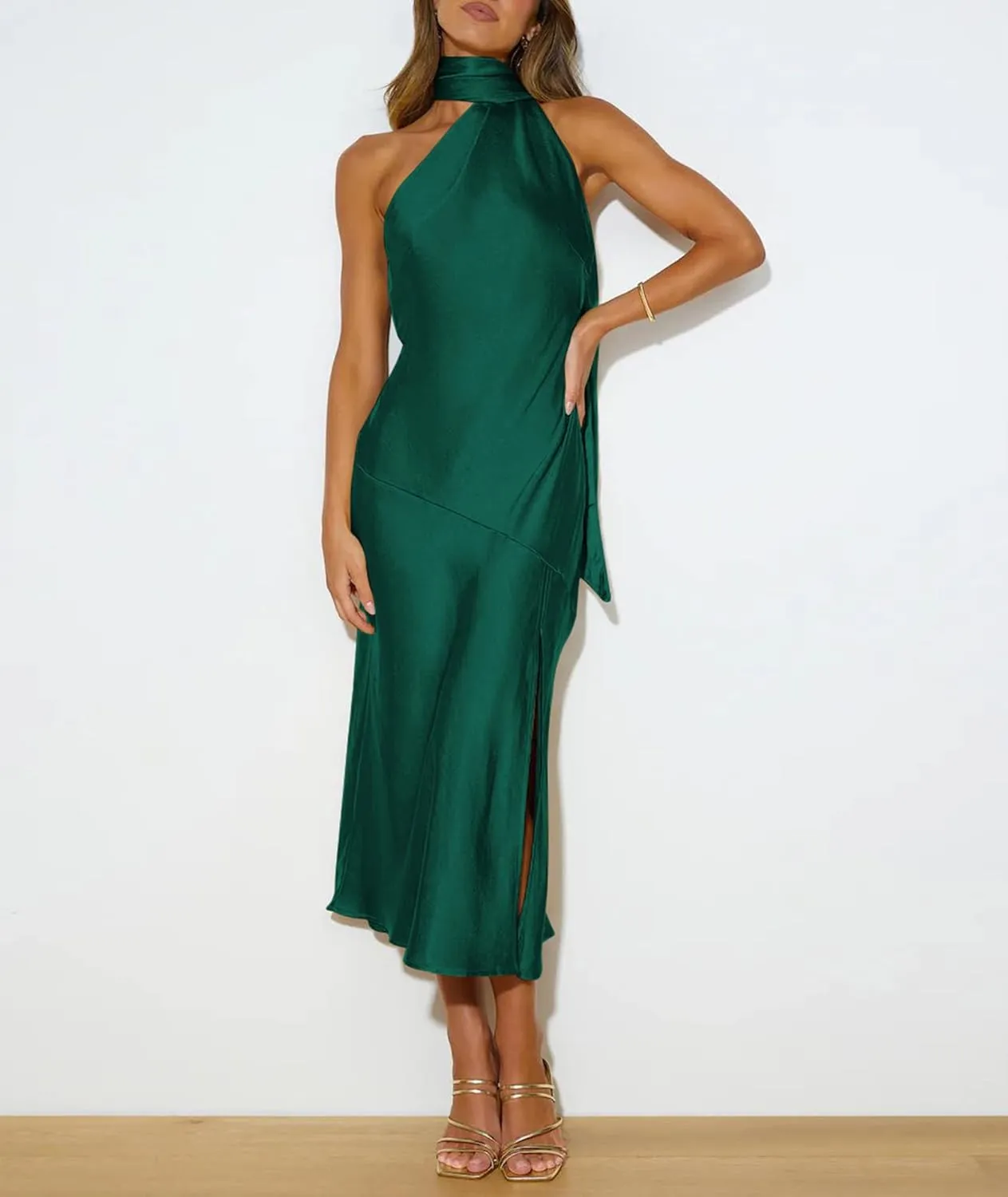 Sexyshine Women's Elegant Halter Tie Neck Sleeveless Satin Long Dress Backless Split Cocktail Party Formal Wedding Maxi Dress