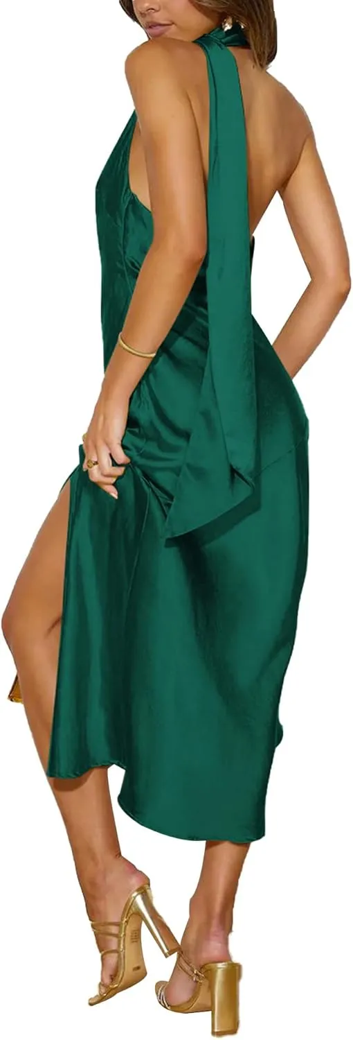 Sexyshine Women's Elegant Halter Tie Neck Sleeveless Satin Long Dress Backless Split Cocktail Party Formal Wedding Maxi Dress
