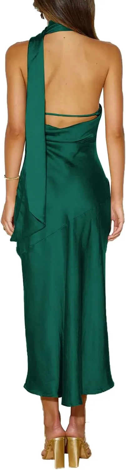 Sexyshine Women's Elegant Halter Tie Neck Sleeveless Satin Long Dress Backless Split Cocktail Party Formal Wedding Maxi Dress