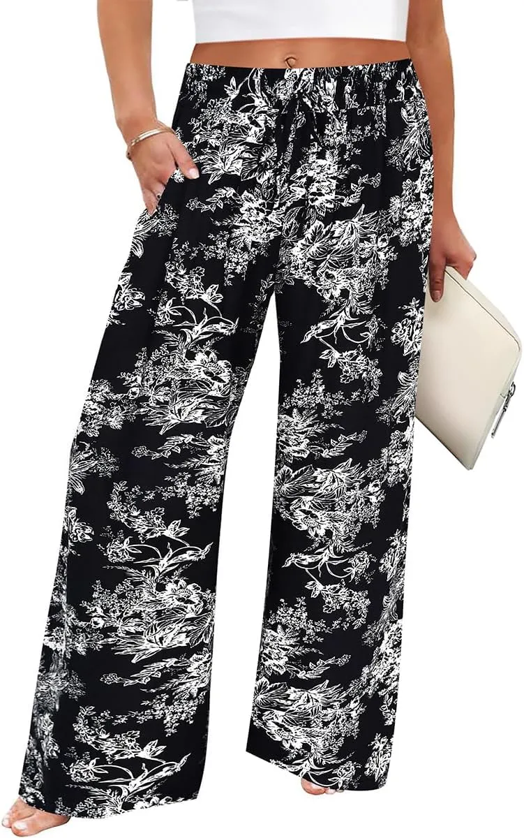 TIYOMI Plus Size Wide Leg Pants for Women Elastic Drawstring Pants High Waisted Lounge Pants XL-5XL