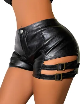 Women Faux Leather Hot Pants Shorts High Waist Slim Sexy Bandage Booty Punk Dance Club PU Leather Festival Rave Shorts