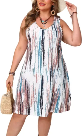 Women Plus Size V Neck Sleeveless Floral Print Pocket T Shirt Dresses Casual Midi Tank Dress Beach Cover up Sundress (XL-5X)