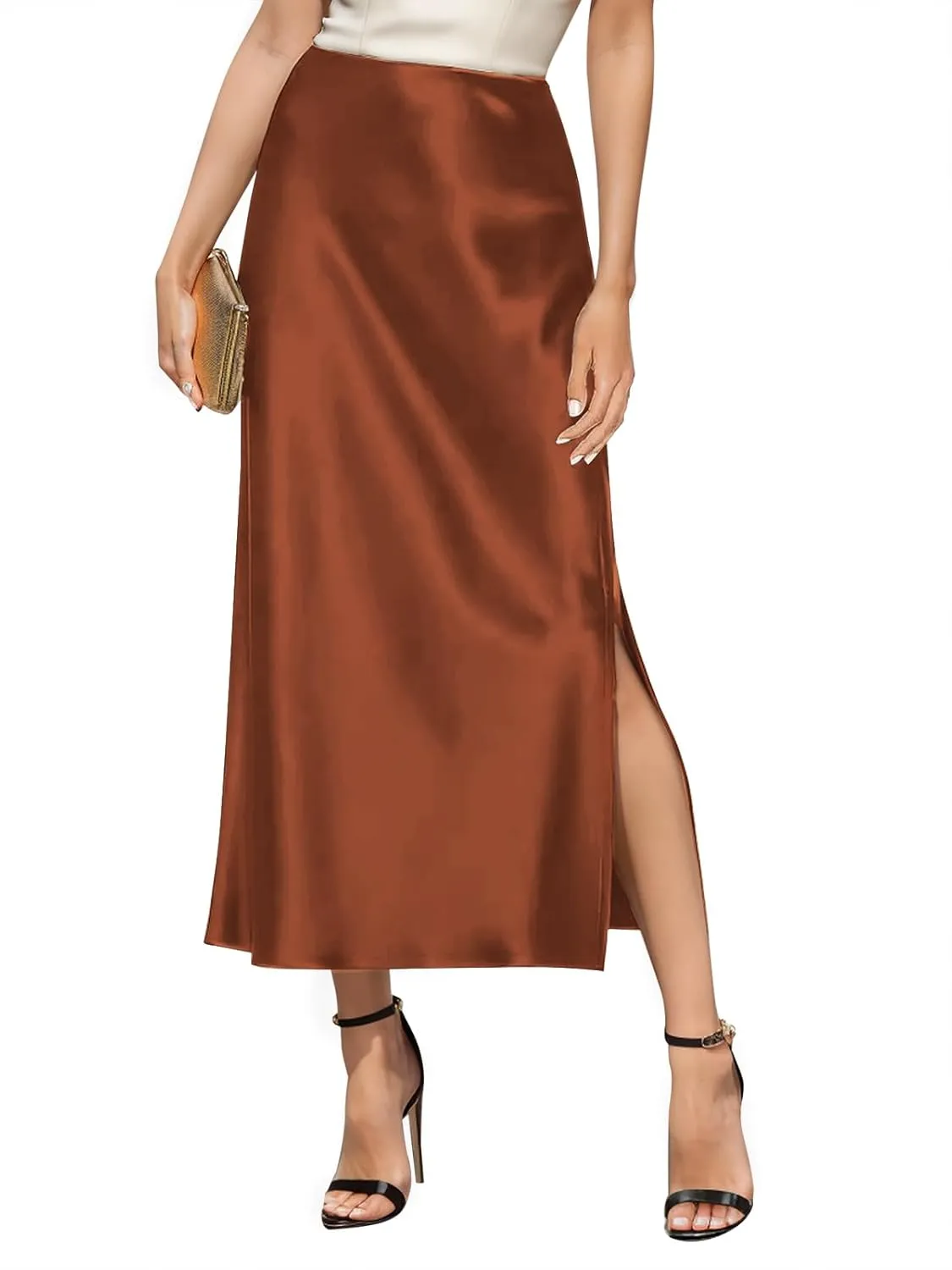 Women's 2025 Summer Satin Maxi Skirts High Waisted Spring Silk Casual A-Line Cocktail Party Long Skirt