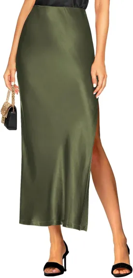 Women's 2025 Summer Satin Maxi Skirts High Waisted Spring Silk Casual A-Line Cocktail Party Long Skirt