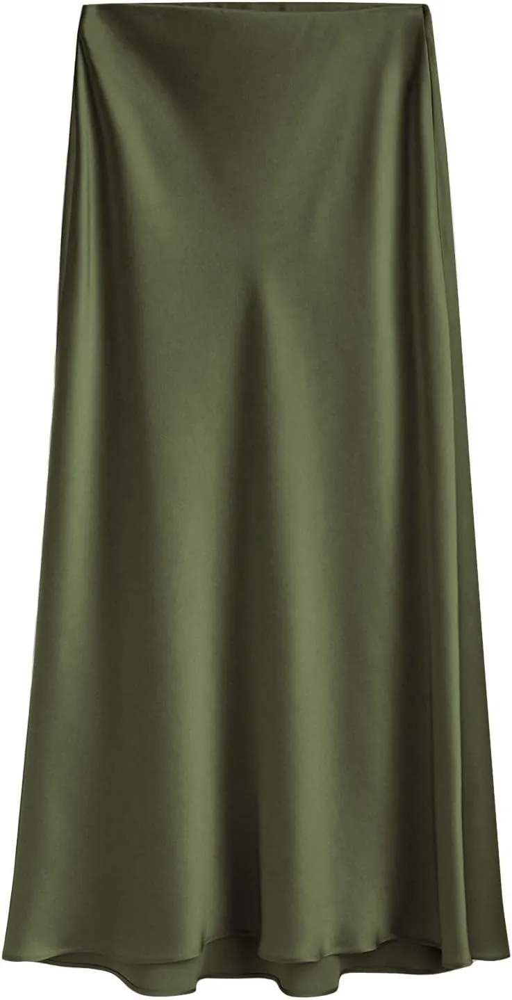 Women's 2025 Summer Satin Maxi Skirts High Waisted Spring Silk Casual A-Line Cocktail Party Long Skirt