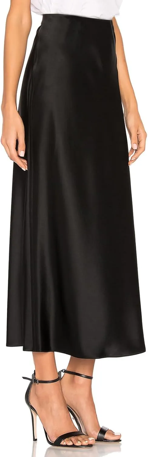 Women's 2025 Summer Satin Maxi Skirts High Waisted Spring Silk Casual A-Line Cocktail Party Long Skirt