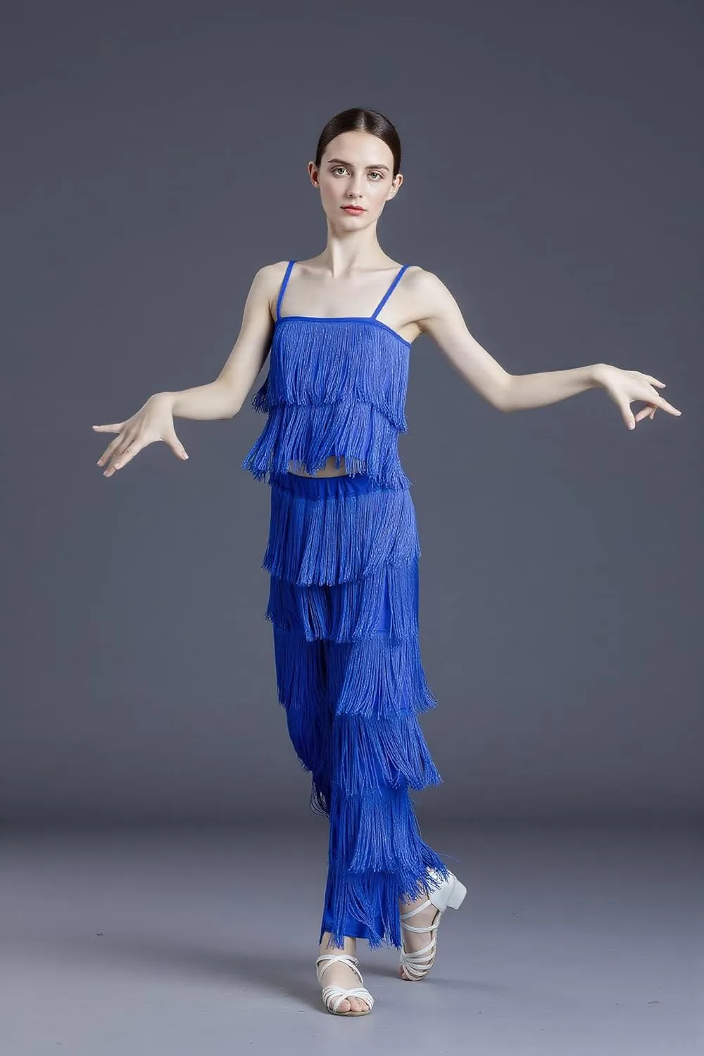 Women's Latin Tassel Dance top and Pant 2 Piece Sets for Ballroom Rumba Tango Salsa
