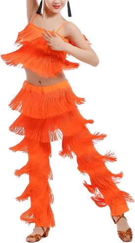 Women's Latin Tassel Dance top and Pant 2 Piece Sets for Ballroom Rumba Tango Salsa