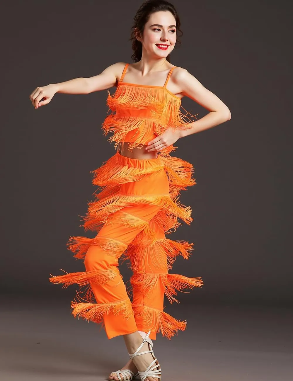 Women's Latin Tassel Dance top and Pant 2 Piece Sets for Ballroom Rumba Tango Salsa