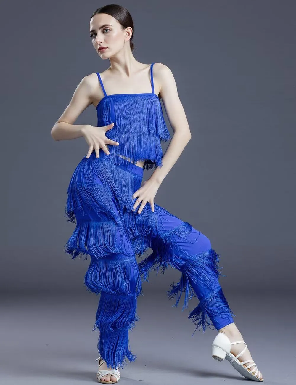 Women's Latin Tassel Dance top and Pant 2 Piece Sets for Ballroom Rumba Tango Salsa