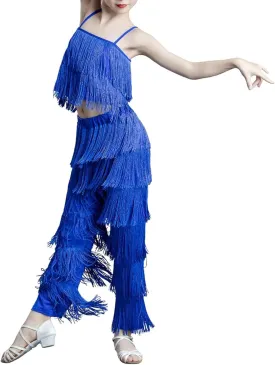 Women's Latin Tassel Dance top and Pant 2 Piece Sets for Ballroom Rumba Tango Salsa