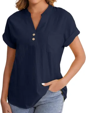 Women's Linen Oversized Blouses Short Sleeve Top T Shirt Button 3/4 Sleeve V Neck Linen Blouse Top