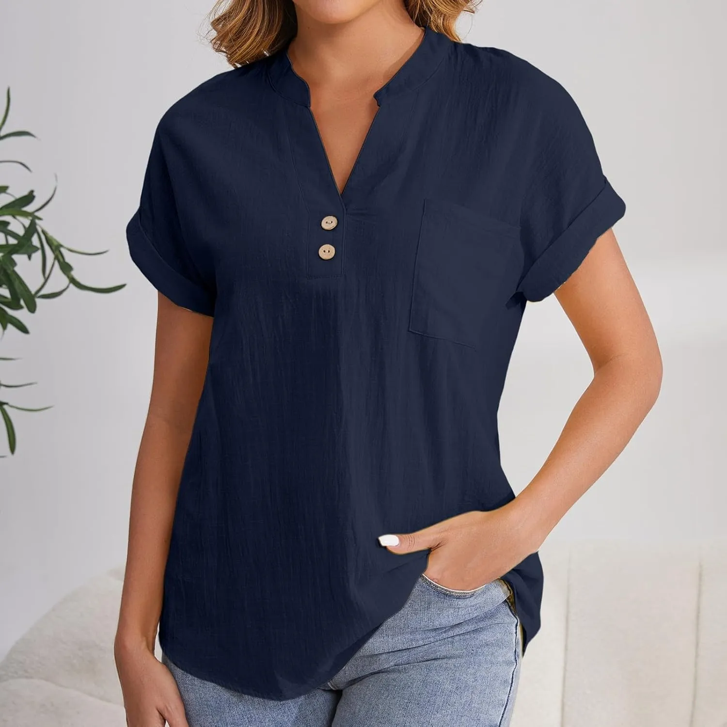 Women's Linen Oversized Blouses Short Sleeve Top T Shirt Button 3/4 Sleeve V Neck Linen Blouse Top