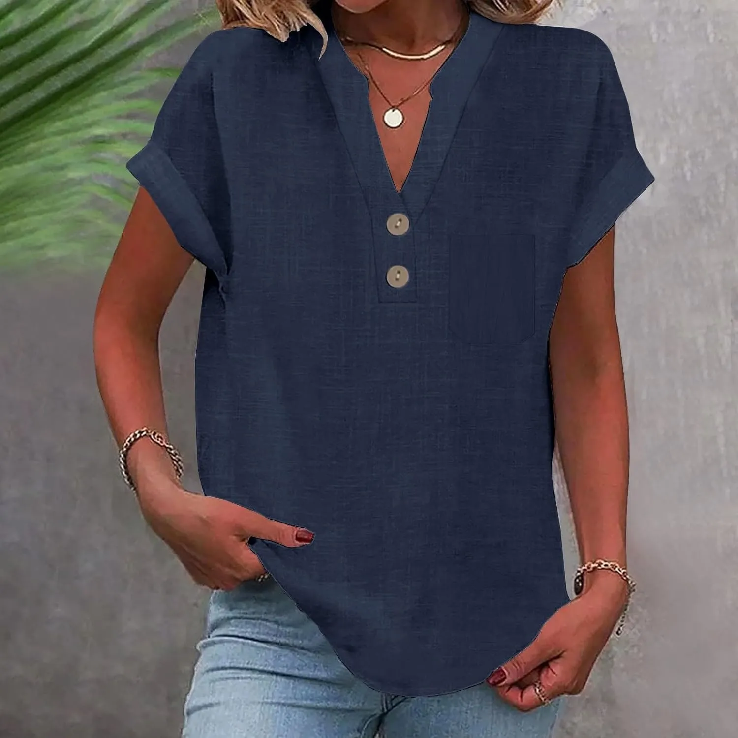 Women's Linen Oversized Blouses Short Sleeve Top T Shirt Button 3/4 Sleeve V Neck Linen Blouse Top