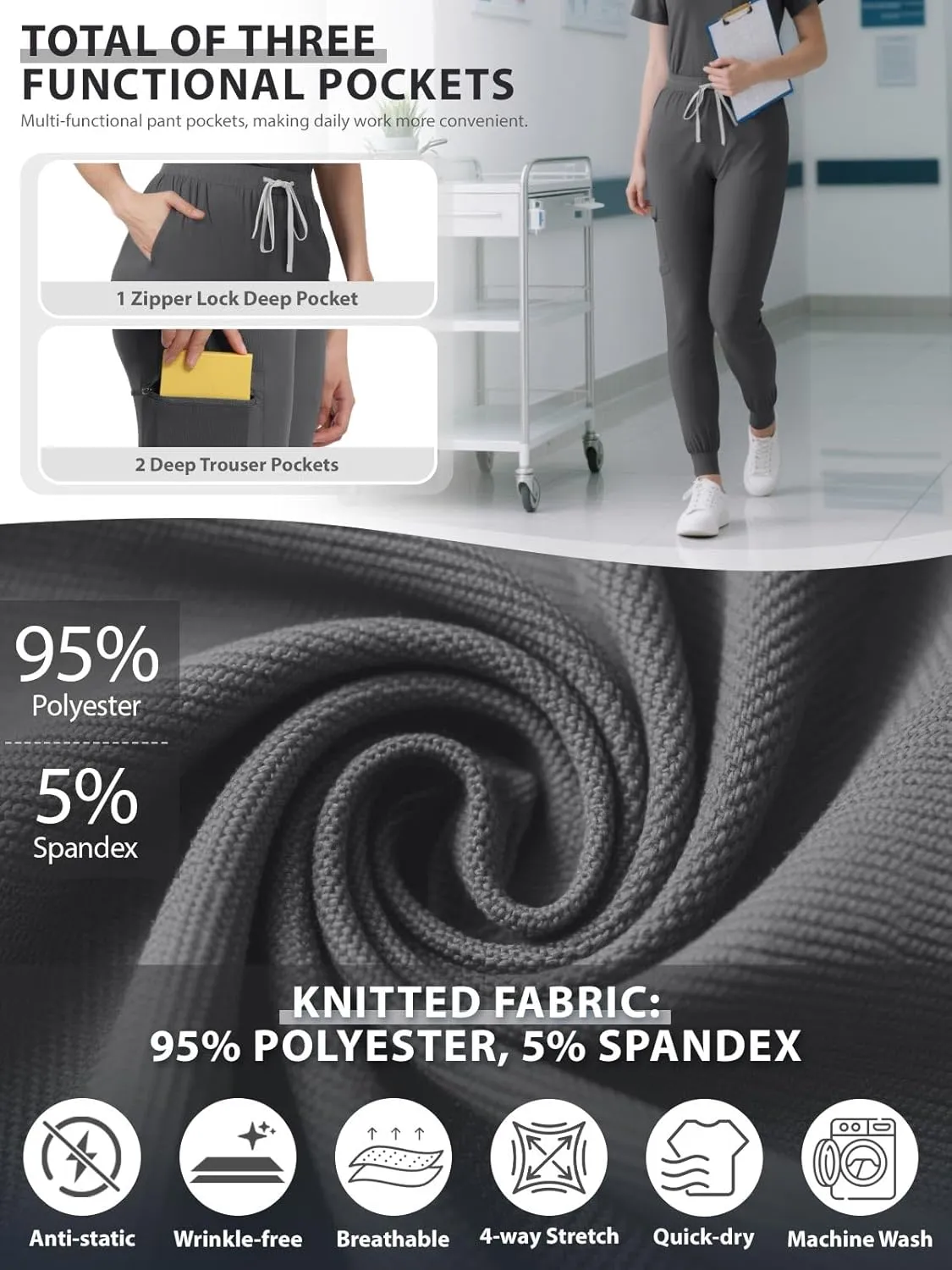 Women's Medical Scrub Pants, Soft Jogger Pant Scrub Bottoms with Zip Pocket Drawstring Mid-Rise Yoga Slim Cargo Pants