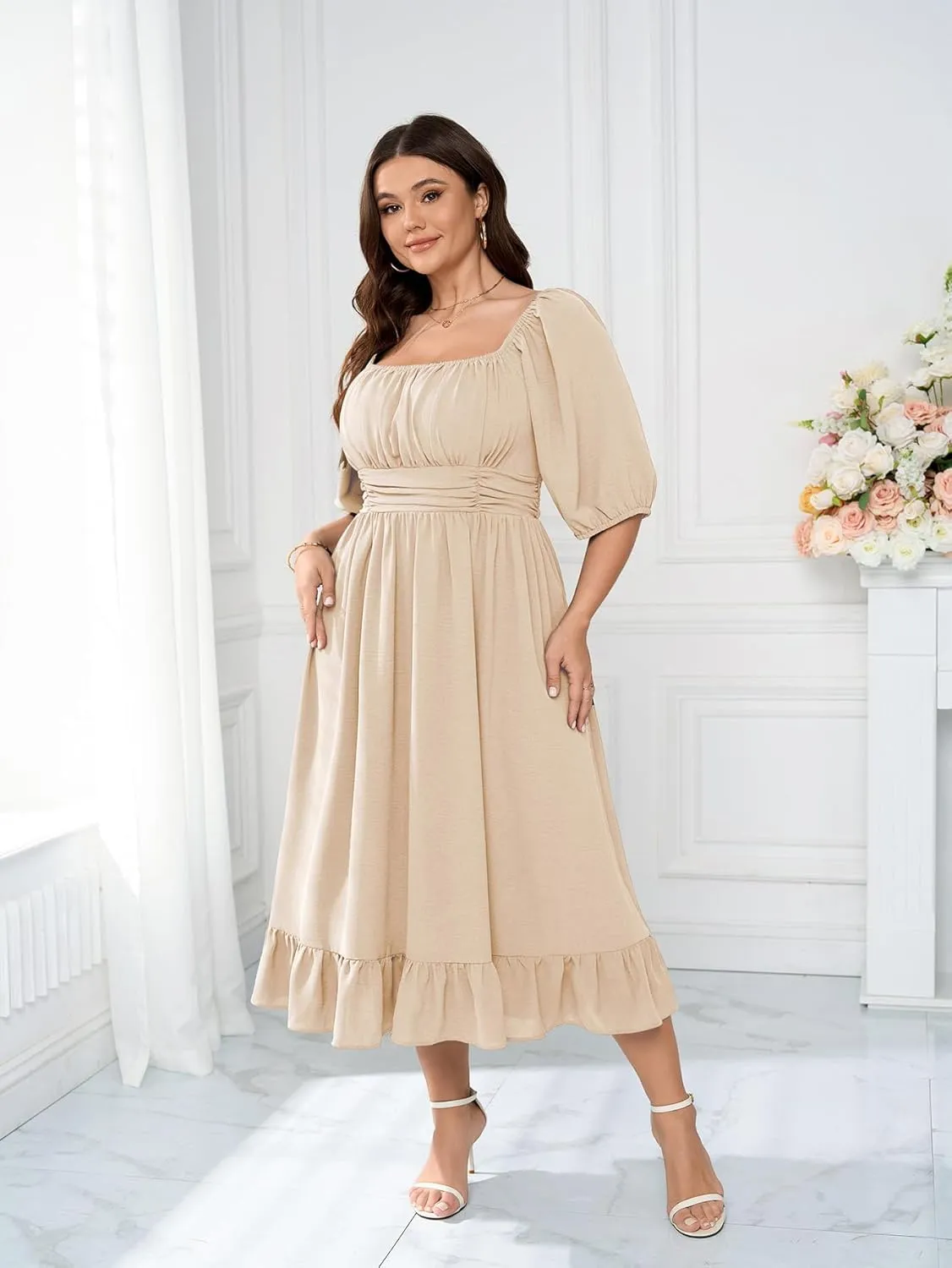 Women's Plus Size Maxi Dress Summer Half Lantern Sleeve Square Neck Smocked Flowy A-Line Elegant Wedding Guest Dresses