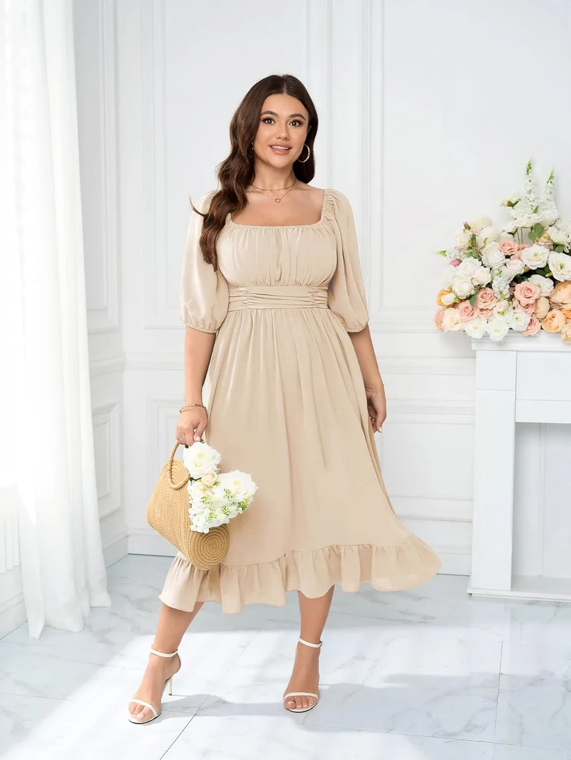 Women's Plus Size Maxi Dress Summer Half Lantern Sleeve Square Neck Smocked Flowy A-Line Elegant Wedding Guest Dresses