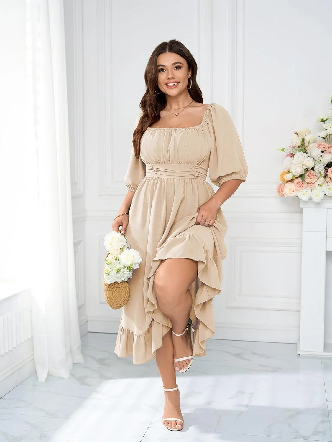 Women's Plus Size Maxi Dress Summer Half Lantern Sleeve Square Neck Smocked Flowy A-Line Elegant Wedding Guest Dresses