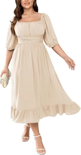 Women's Plus Size Maxi Dress Summer Half Lantern Sleeve Square Neck Smocked Flowy A-Line Elegant Wedding Guest Dresses