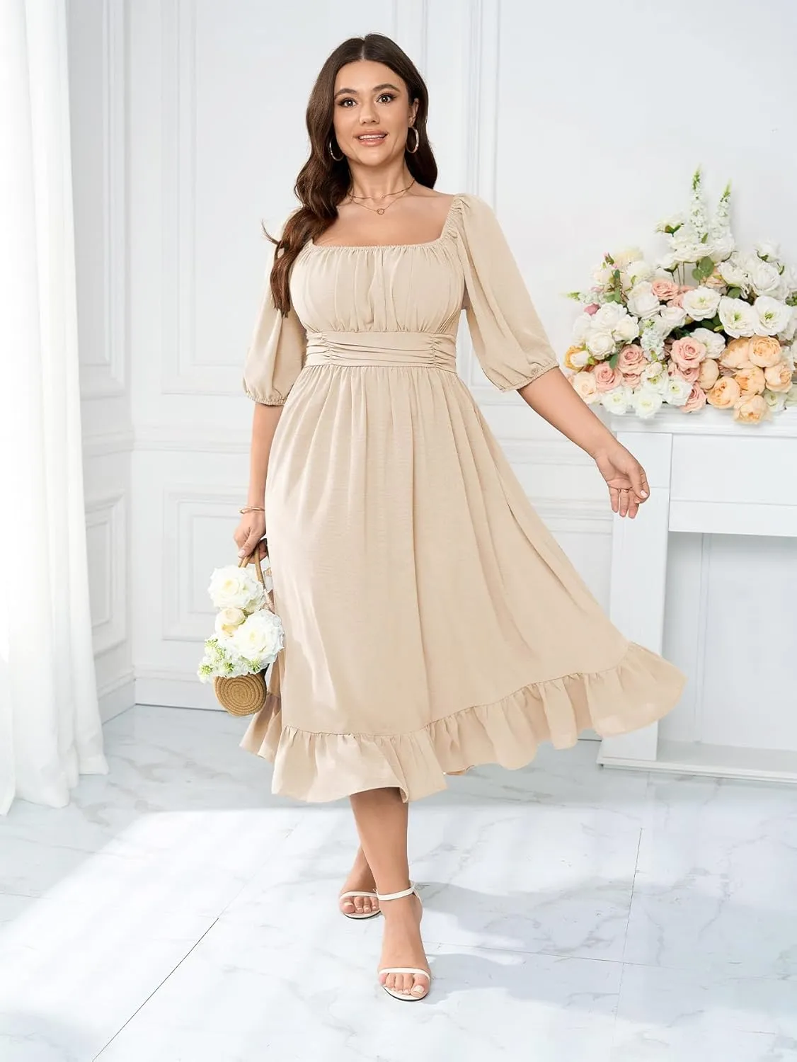 Women's Plus Size Maxi Dress Summer Half Lantern Sleeve Square Neck Smocked Flowy A-Line Elegant Wedding Guest Dresses