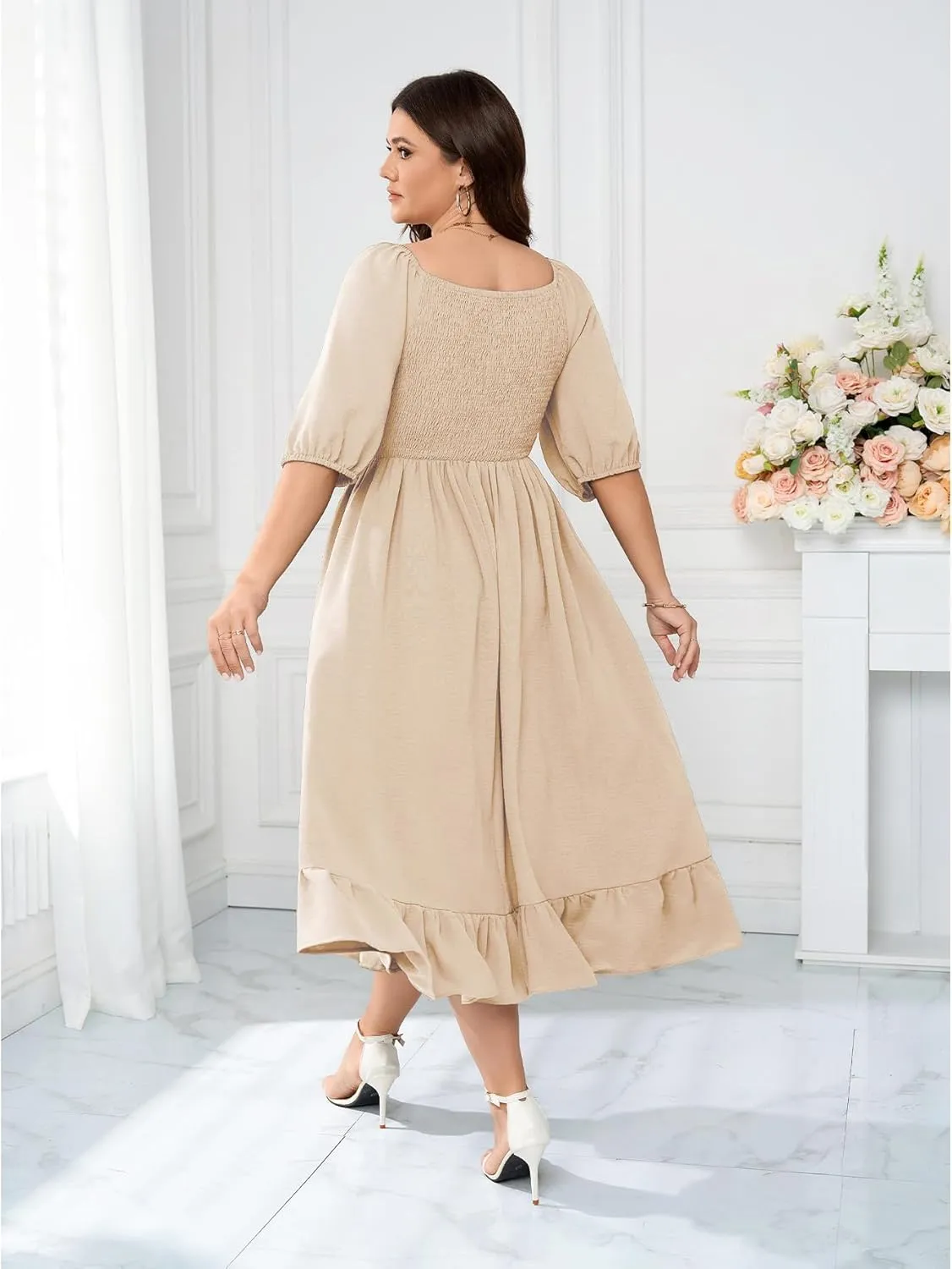 Women's Plus Size Maxi Dress Summer Half Lantern Sleeve Square Neck Smocked Flowy A-Line Elegant Wedding Guest Dresses