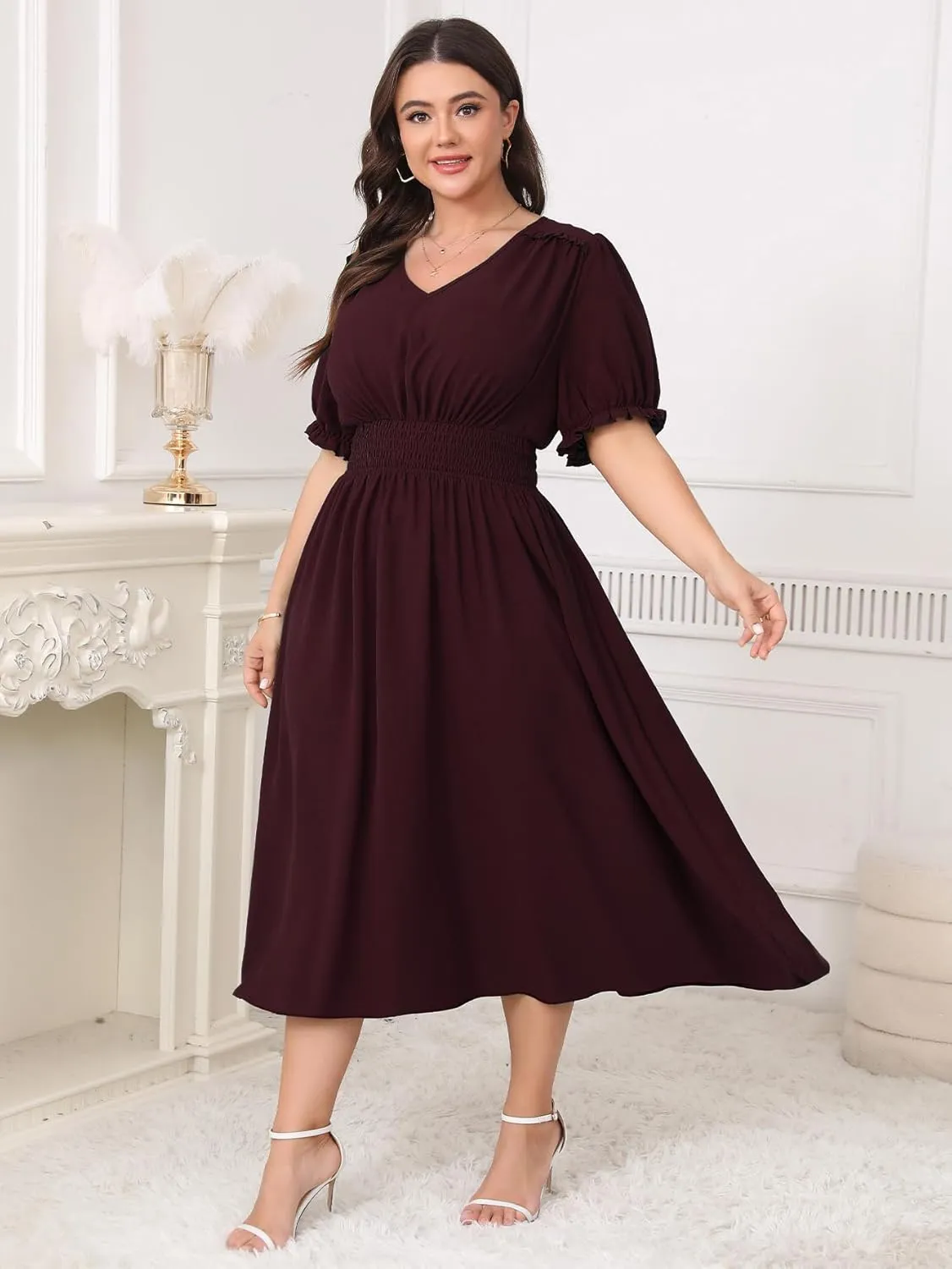 Women's Plus Size Midi Dress Short Sleeve V Neck Smocked Flowy A-Line Boho Wedding Party Dresses